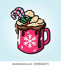 A delightful illustration of a Christmas mug filled with hot chocolate, adorned with whipped cream, candy canes, and holly.