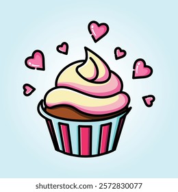 A delightful illustration of a cupcake adorned with pink frosting and surrounded by hearts, perfect for Valentine's Day.