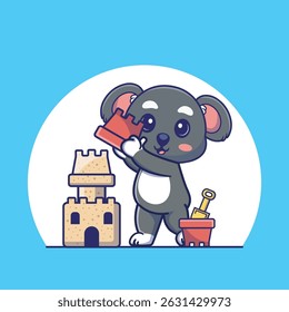 Delightful illustration of a curious koala holding a sandbucket, building a majestic sandcastle, perfect for kids project,nursery decor or summer themed design 
