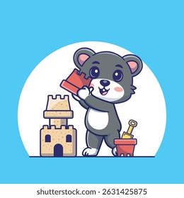 Delightful illustration of a curious mouse holding a sandbucket, building a majestic sandcastle, perfect for kids project,nursery decor or summer themed design 