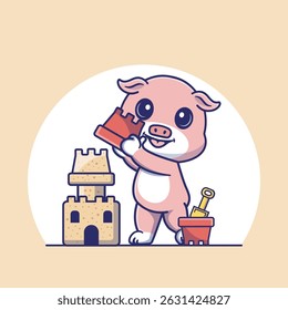 Delightful illustration of a curious pig holding a sandbucket, building a majestic sandcastle, perfect for kids project,nursery decor or summer themed design 
