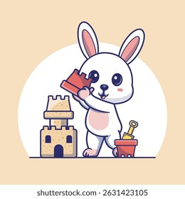 Delightful illustration of a curious rabbit holding a sandbucket, building a majestic sandcastle, perfect for kids project,nursery decor or summer themed design 