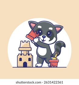 Delightful illustration of a curious racoon  holding a sandbucket, building a majestic sandcastle, perfect for kids project,nursery decor or summer themed design 