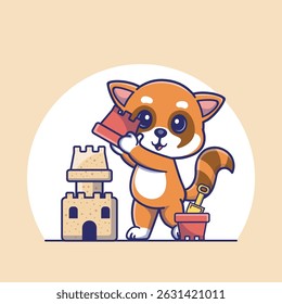 Delightful illustration of a curious red racoon  holding a sandbucket, building a majestic sandcastle, perfect for kids project,nursery decor or summer themed design 