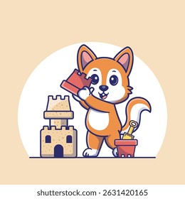 Delightful illustration of a curious squirrel holding a sandbucket, building a majestic sandcastle, perfect for kids project,nursery decor or summer themed design 