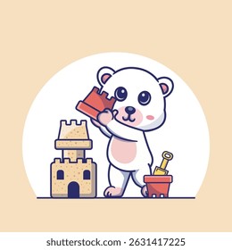 Delightful illustration of a curious white bear holding a sandbucket, building a majestic sandcastle, perfect for kids project,nursery decor or summer themed design 