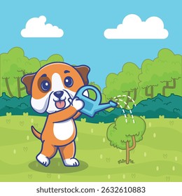 Delightful illustration of cute bulldog  watering a tree, symbolizing care, loyalty, and love for nature. Perfect for environmental campaigns, gardening projects, pet themed design.