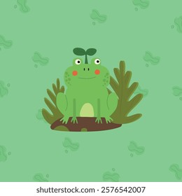 A delightful illustration of a cute green frog sitting on a patch of grass with leafy plants in the background. The frog is smiling with rosy cheeks