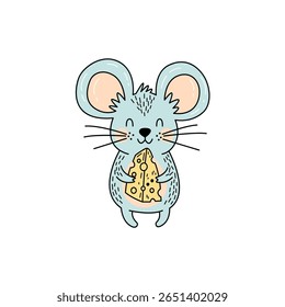 Delightful illustration of a cute mouse joyfully holding a piece of cheese. This colorful and whimsical design captures the playful essence of adorable animals.