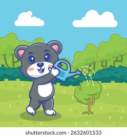 Delightful illustration of cute mouse  watering a tree, symbolizing care, loyalty, and love for nature. Perfect for environmental campaigns, gardening projects, pet themed design.
