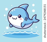 Delightful illustration of a cute shark in kawaii style, exuding charm with its big, bright eyes and cheerful expression. Ideal for childrens products, ocean-themed projects, and fun graphic designs