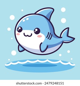 Delightful illustration of a cute shark in kawaii style, exuding charm with its big, bright eyes and cheerful expression. Ideal for childrens products, ocean-themed projects, and fun graphic designs