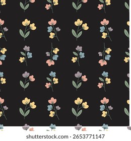  deliciosa ilustração apresenta um padrão repetitivo de flores coloridas contra um fundo preto. As tonalidades pastel macias trazem uma vibração fresca e alegre, tornando-o perfeito para designs de tecido.