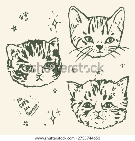 A delightful illustration features three adorable kitten faces, surrounded by whimsical stars and paw prints on a cream background.