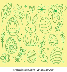 Delightful illustration featuring a cute Easter bunny centered among decorated eggs and a variety of spring flowers and leaves, all set against a pastel yellow backdrop. Simple line art style