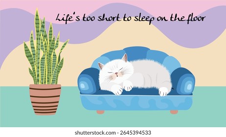 Uma ilustração deliciosa com um gato branco macio confortavelmente cochilando em uma cama de animal de estimação azul plush. Ao lado da cama, uma planta de cobra alta em um pote de terracota, um fundo de cores pastel.