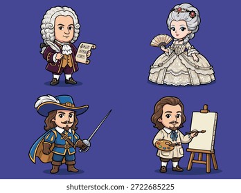 Uma ilustração deliciosa com quatro personagens distintos de desenhos animados vestidos com trajes históricos elaborados, representando diferentes épocas e profissões.