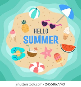 Una encantadora ilustración con íconos de verano en un fondo de playa de arena con olas del océano. Pegatinas de Vector.