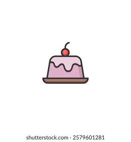 A delightful illustration featuring a pink dessert cake topped with white icing and a red cherry, placed on a brown plate. Perfect for designs involving sweets, desserts, and celebratory themes.