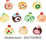 A delightful illustration of fruity roll cakes with colorful swirls and fresh fruit toppings. Perfect for dessert menus, bakery branding, food themed designs, and cute culinary visuals.