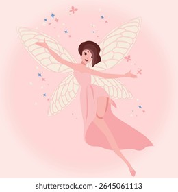 Delightful illustration of a graceful fairy in flight, surrounded by twinkling stars. This enchanting cartoon character is perfect for sparking children's imaginations.