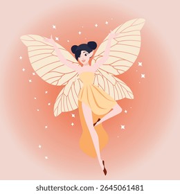 Delightful illustration of a graceful fairy in flight, surrounded by twinkling stars. This enchanting cartoon character is perfect for sparking children's imaginations.