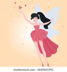 Ilustração encantadora de uma fada graciosa em voo, rodeada por estrelas cintilantes. Este personagem encantador de desenho animado é perfeito para despertar a imaginação das crianças.