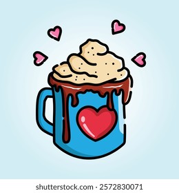 A delightful illustration of a hot chocolate mug topped with whipped cream, chocolate drizzle and hearts. Perfect for Valentine's Day.