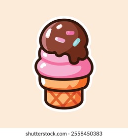 A delightful illustration of an ice cream cone with two scoops—one pink and one brown—topped with chocolate syrup and colorful sprinkles. Perfect for dessert-themed designs.