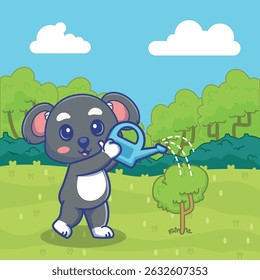 Ilustração deliciosa de coala regando uma árvore, simbolizando o cuidado, a lealdade e o amor pela natureza. Perfeito para campanhas ambientais, projetos de jardinagem, projeto temático animal de estimação.