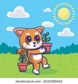 Delightful illustration of red racoon carrying a plant pot to towards the sun, symbolizing growth, nurturing, and love for nature. Perfect for environmental campaigns, gardening projects.