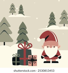 A delightful illustration of a Scandinavian Christmas gnome (Tomte) standing beside a pile of colorful gift boxes in a peaceful, snowy forest.