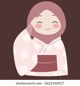 Delightful illustration of a smiling woman in a pink kimono and hijab, showcasing diversity and cultural fusion.