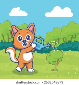 Delightful illustration of squirrel watering a tree, symbolizing care, loyalty, and love for nature. Perfect for environmental campaigns, gardening projects, pet themed design.