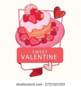 Uma ilustração deliciosa de uma pilha de panquecas macias cobertas com creme rosa, fatias de morango fresco, framboesas e uma fatia de citrinos. A obra de arte inclui sotaques românticos de coração e uma faixa vermelha com o texto "Sweet Valentine". Ideal para menus de brunch, postagens de mídias sociais, cartões de Dia dos Namorados e designs com temas de comida.