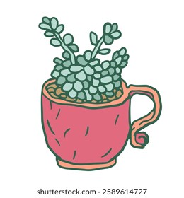 delightful illustration of a succulent in a pink cup with earthy details. Ideal for stickers, prints, digital design, decor, and eco-themed projects