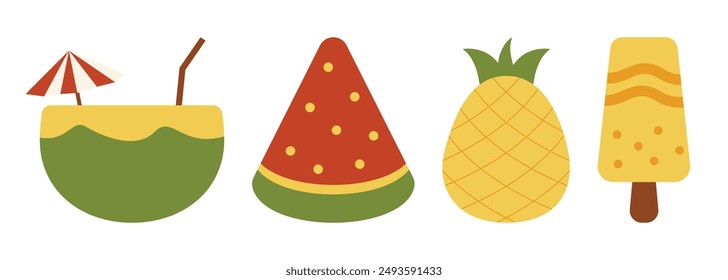 A delightful illustration of summertime treats: a refreshing coconut drink, a juicy watermelon slice, a sweet pineapple, and a delicious ice cream popsicle.