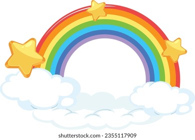 Una deliciosa ilustración de un arco iris vibrante con una nube y estrellas