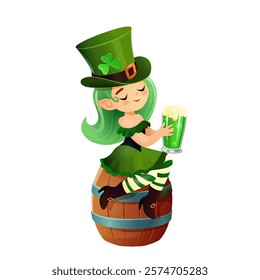 A delightful illustration of a whimsical leprechaun girl sitting atop a wooden barrel, holding a frothy glass of green beer. She is adorned in a festive green outfit with a clover-decorated top hat