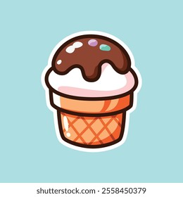 A delightful illustration of a white ice cream cone topped with chocolate syrup and sprinkles. Ideal for dessert-themed projects and food-related designs.