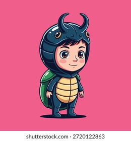 A delightful illustration of a young boy in a full beetle costume, featuring a dark blue headpiece with horns and a green and yellow body, standing against a vibrant pink background.