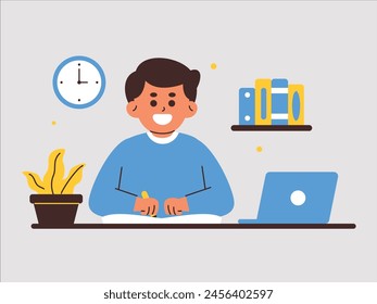 A delightful illustration of a young boy studying at home, seated at a desk with a laptop. 