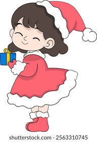 A delightful illustration of a young girl wearing a bright pink Santa inspired outfit and hat, holding a small gift box tied with a ribbon