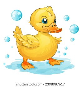 Delightful image of a yellow duckling surrounded by soap bubbles, ideal for use in nursery decor and children's books