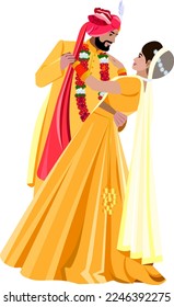 Delightful Indian couple at the wedding  Indian fiance in a red turban with a white feather Bride and groom in beautiful yellow suits  Vector