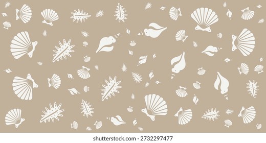 A delightful and intricate seamless pattern featuring an array of seashells, conchs, and other marine life, scattered elegantly across the design.