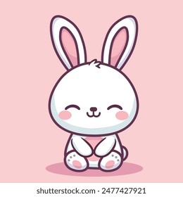 Delightful kawaii bunny with a wide smile, large ears, and blushing cheeks. The bunny is illustrated in a cute, playful cartoon style on a soft pink background.