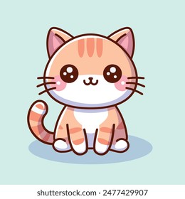 Delightful kawaii c atwith a wide smile, large ears, and blushing cheeks. The cat is illustrated in a cute, playful cartoon style on a soft blue background.