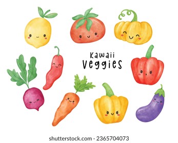 Eine köstliche kawaii Aquarell-Gemüsesammlung. Diese süßen und farbenfrohen Illustrationen sind perfekt für Farm-to-Tisch und kulinarische Themen.