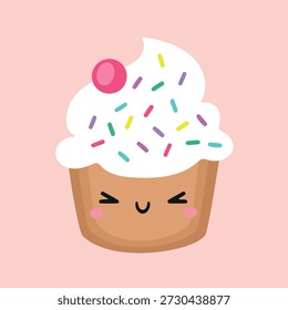 Un delicioso Vector de cupcake estilo kawaii con glaseado blanco esponjoso, vibrantes chispas multicolores y una encantadora cara guiñando con mejillas rosadas.